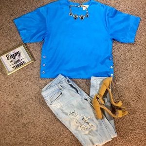 Chaus Short Sleeve Round Neck Turquoise Crop Top